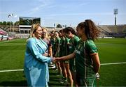 12 May 2024; Leinster LGFA President Trina Murray meets Meath players including Emma Duggan before the Leinster LGFA Senior Football Championship final match between Dublin and Meath at Croke Park in Dublin. Photo by Harry Murphy/Sportsfile