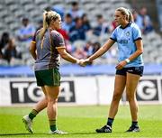 12 May 2024; Meath goalkeeper Monica McGuirk and Chloe Darby of Dublin shake hands after the Leinster LGFA Senior Football Championship final match between Dublin and Meath at Croke Park in Dublin. Photo by Harry Murphy/Sportsfile