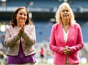 12 May 2024; Lucy Bryant and Mary Carroll of the 1974 Offaly All-Ireland final team are presented to the crowd at half time of the Leinster LGFA Senior Football Championship final match between Dublin and Meath at Croke Park in Dublin. Photo by Harry Murphy/Sportsfile