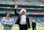12 May 2024; Brendan Martin, manager of the 1974 Offaly All-Ireland final team, and Agnes Gorman are presented to the crowd at half time of the Leinster LGFA Senior Football Championship final match between Dublin and Meath at Croke Park in Dublin. Photo by Harry Murphy/Sportsfile