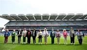 12 May 2024; The 1974 Offaly All-Ireland final team, from left, Mary Todd, Tona McDonald, Mary Lowry, Catherine Hanlon, Catherine Conroy, Mary Nevin, Kathleen Buckley, Fidelma Geraghty, Phyllis Hackett, Lucy Bryant, Mary Carroll, Ann Molloy, and Agnes Gorman at half time of the Leinster LGFA Senior Football Championship final match between Dublin and Meath at Croke Park in Dublin. Photo by Harry Murphy/Sportsfile