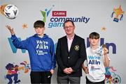 14 May 2024; Carlow to play host to Cairn Community Games Festivals until 2028. In attendance at the announcement is Community Games President Gerry McGuinness, with Glenn Cantwell, left, and John O'Byrne at Delta Sensory Gardens in Carlow. Photo by Sam Barnes/Sportsfile