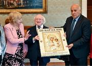 13 May 2024; The President of Ireland Michael D Higgins and wife Sabina with Jibril Rajoub, president of the Palestinian Football Association and chair of the Palestinian Olympic Committee, during a courtesy call with representatives of the Palestinian Football Association and Bohemian Football Club at Áras an Uachtaráin in Dublin. Palestine women's national football team are in Ireland for an International Solidarity Match against Bohemians women's team to be played on Wednesday, May 15, at Dalymount Park in Dublin. Photo by Stephen McCarthy/Sportsfile