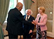 13 May 2024; The President of Ireland Michael D Higgins and wife Sabina with Jibril Rajoub, president of the Palestinian Football Association and chair of the Palestinian Olympic Committee, during a courtesy call with representatives of the Palestinian Football Association and Bohemian Football Club at Áras an Uachtaráin in Dublin. Palestine women's national football team are in Ireland for an International Solidarity Match against Bohemians women's team to be played on Wednesday, May 15, at Dalymount Park in Dublin. Photo by Stephen McCarthy/Sportsfile