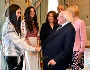 13 May 2024; The President of Ireland Michael D Higgins and wife Sabina receives representatives of the Palestinian Football Association and Bohemian Football Club, from left, team captain Mira Natour, Palestine women's team manager Dima Said, Her Excellency Dr Jilan Abdalmajid, ambassador-head of mission of the Palestinian Mission, and Jibril Rajoub, president of the Palestinian Football Association and chair of the Palestinian Olympic Committee, at Áras an Uachtaráin in Dublin. Palestine women's national football team are in Ireland for an International Solidarity Match against Bohemians women's team to be played on Wednesday, May 15, at Dalymount Park in Dublin. Photo by Stephen McCarthy/Sportsfile