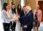13 May 2024; The President of Ireland Michael D Higgins and wife Sabina receives representatives of the Palestinian Football Association and Bohemian Football Club, from left, players Jeniver Shattara and Mira Natour, Palestine women's team manager Dima Said and Her Excellency Dr Jilan Abdalmajid, ambassador-head of mission of the Palestinian Mission, at Áras an Uachtaráin in Dublin. Palestine women's national football team are in Ireland for an International Solidarity Match against Bohemians women's team to be played on Wednesday, May 15, at Dalymount Park in Dublin. Photo by Stephen McCarthy/Sportsfile