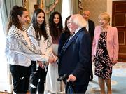 13 May 2024; The President of Ireland Michael D Higgins and wife Sabina receives representatives of the Palestinian Football Association and Bohemian Football Club, from left, players Jeniver Shattara and Mira Natour, Palestine women's team manager Dima Said and Jibril Rajoub, president of the Palestinian Football Association and chair of the Palestinian Olympic Committee, at Áras an Uachtaráin in Dublin. Palestine women's national football team are in Ireland for an International Solidarity Match against Bohemians women's team to be played on Wednesday, May 15, at Dalymount Park in Dublin. Photo by Stephen McCarthy/Sportsfile