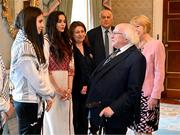 13 May 2024; The President of Ireland Michael D Higgins and wife Sabina receives representatives of the Palestinian Football Association and Bohemian Football Club, from left, team captain Mira Natour, Palestine women's team manager Dima Said, Her Excellency Dr Jilan Abdalmajid, ambassador-head of mission of the Palestinian Mission, and Jibril Rajoub, president of the Palestinian Football Association and chair of the Palestinian Olympic Committee, at Áras an Uachtaráin in Dublin. Palestine women's national football team are in Ireland for an International Solidarity Match against Bohemians women's team to be played on Wednesday, May 15, at Dalymount Park in Dublin. Photo by Stephen McCarthy/Sportsfile