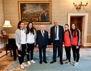 13 May 2024; The President of Ireland Michael D Higgins receives representatives of the Palestinian Football Association and Bohemian Football Club, from left, Palestine players Jeniver Shattara, Mira Natour, Jibril Rajoub, president of the Palestinian Football Association and chair of the Palestinian Olympic Committee, and Bohemians players Savannah Kane and Rachael Kelly at Áras an Uachtaráin in Dublin. Palestine women's national football team are in Ireland for an International Solidarity Match against Bohemians women's team to be played on Wednesday, May 15, at Dalymount Park in Dublin. Photo by Stephen McCarthy/Sportsfile