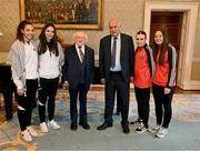 13 May 2024; The President of Ireland Michael D Higgins receives representatives of the Palestinian Football Association and Bohemian Football Club, from left, Palestine players Jeniver Shattara, Mira Natour, Jibril Rajoub, president of the Palestinian Football Association and chair of the Palestinian Olympic Committee, and Bohemians players Savannah Kane and Rachael Kelly at Áras an Uachtaráin in Dublin. Palestine women's national football team are in Ireland for an International Solidarity Match against Bohemians women's team to be played on Wednesday, May 15, at Dalymount Park in Dublin. Photo by Stephen McCarthy/Sportsfile