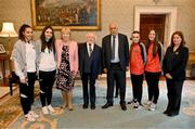 13 May 2024; The President of Ireland Michael D Higgins and wife Sabina receive representatives of the Palestinian Football Association and Bohemian Football Club, from left, Palestine players Jeniver Shattara, Mira Natour, Jibril Rajoub, president of the Palestinian Football Association and chair of the Palestinian Olympic Committee, Bohemians players Savannah Kane and Rachael Kelly, and Her Excellency Dr Jilan Abdalmajid, ambassador-head of mission of the Palestinian Mission, at Áras an Uachtaráin in Dublin. Palestine women's national football team are in Ireland for an International Solidarity Match against Bohemians women's team to be played on Wednesday, May 15, at Dalymount Park in Dublin. Photo by Stephen McCarthy/Sportsfile
