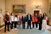 13 May 2024; The President of Ireland Michael D Higgins and wife Sabina receive representatives of the Palestinian Football Association and Bohemian Football Club, from left, Bohemians manager Ken Kiernan, Palestine players Jeniver Shattara and Mira Natour, Jibril Rajoub, president of the Palestinian Football Association and chair of the Palestinian Olympic Committee, Bohemians players Savannah Kane and Rachael Kelly, Her Excellency Dr Jilan Abdalmajid, ambassador-head of mission of the Palestinian Mission, and Palestine women's team manager Dima Said at Áras an Uachtaráin in Dublin. Palestine women's national football team are in Ireland for an International Solidarity Match against Bohemians women's team to be played on Wednesday, May 15, at Dalymount Park in Dublin. Photo by Stephen McCarthy/Sportsfile