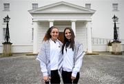 13 May 2024; Palestine players Jeniver Shattara and Mira Natour, right, after a courtesy call between The President of Ireland Michael D Higgins and representatives of the Palestinian Football Association and Bohemian Football Club at Áras an Uachtaráin in Dublin. Palestine women's national football team are in Ireland for an International Solidarity Match against Bohemians women's team to be played on Wednesday, May 15, at Dalymount Park in Dublin. Photo by Stephen McCarthy/Sportsfile