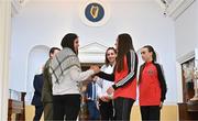13 May 2024; Palestine captain Mira Natour and Rachael Kelly of Bohemians after a courtesy call between The President of Ireland Michael D Higgins and representatives of the Palestinian Football Association and Bohemian Football Club at Áras an Uachtaráin in Dublin. Palestine women's national football team are in Ireland for an International Solidarity Match against Bohemians women's team to be played on Wednesday, May 15, at Dalymount Park in Dublin. Photo by Stephen McCarthy/Sportsfile