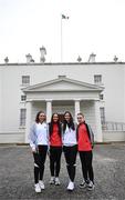 13 May 2024; Palestine players Jeniver Shattara, left, and Mira Natour with Bohemians players Rachael Kelly and Savannah Kane, right, after a courtesy call between The President of Ireland Michael D Higgins and representatives of the Palestinian Football Association and Bohemian Football Club at Áras an Uachtaráin in Dublin. Palestine women's national football team are in Ireland for an International Solidarity Match against Bohemians women's team to be played on Wednesday, May 15, at Dalymount Park in Dublin. Photo by Stephen McCarthy/Sportsfile