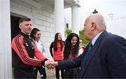 13 May 2024; Bohemians manager Ken Kiernan with Jibril Rajoub, president of the Palestinian Football Association and chair of the Palestinian Olympic Committee, after a courtesy call between The President of Ireland Michael D Higgins and representatives of the Palestinian Football Association and Bohemian Football Club at Áras an Uachtaráin in Dublin. Palestine women's national football team are in Ireland for an International Solidarity Match against Bohemians women's team to be played on Wednesday, May 15, at Dalymount Park in Dublin. Photo by Stephen McCarthy/Sportsfile