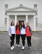 13 May 2024; Palestine players Jeniver Shattara, left, and Mira Natour with Bohemians players Rachael Kelly and Savannah Kane, right, after a courtesy call between The President of Ireland Michael D Higgins and representatives of the Palestinian Football Association and Bohemian Football Club at Áras an Uachtaráin in Dublin. Palestine women's national football team are in Ireland for an International Solidarity Match against Bohemians women's team to be played on Wednesday, May 15, at Dalymount Park in Dublin. Photo by Stephen McCarthy/Sportsfile