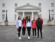 13 May 2024; Palestine players Jeniver Shattara, left, and Mira Natour with Bohemians players Rachael Kelly and Savannah Kane, right, and manager Ken Kiernan after a courtesy call between The President of Ireland Michael D Higgins and representatives of the Palestinian Football Association and Bohemian Football Club at Áras an Uachtaráin in Dublin. Palestine women's national football team are in Ireland for an International Solidarity Match against Bohemians women's team to be played on Wednesday, May 15, at Dalymount Park in Dublin. Photo by Stephen McCarthy/Sportsfile
