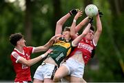 13 May 2024; Danny Miskella, right, and Cork players in action against Killian Dennehy and Fionnan Ryan of Kerry during the Electric Ireland Munster GAA Football Minor Championship Final match between Cork and Kerry at Páirc Ui Rinn in Cork. Photo by Brendan Moran/Sportsfile