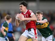 13 May 2024; Jack Trench of Cork is tackled by Killian Dennehy of Kerry during the Electric Ireland Munster GAA Football Minor Championship Final match between Cork and Kerry at Páirc Ui Rinn in Cork. Photo by Brendan Moran/Sportsfile