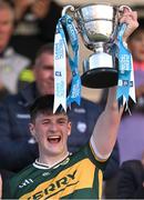 13 May 2024; Kerry captain Ben Murphy lifts the cup after the Electric Ireland Munster GAA Football Minor Championship Final match between Cork and Kerry at Páirc Ui Rinn in Cork. Photo by Brendan Moran/Sportsfile