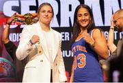 13 May 2024; Katie Taylor, left, and Amanda Serrano during a pre-fight press conference held at the Apollo Theatre in New York, USA, in advance of Jake Paul and Mike Tyson's heavyweight bout and the rematch between Katie Taylor and Amanda Serrano for the undisputed super lightweight championship titles on July 20 at AT&T Stadium in Arlington, Texas. Photo by Ed Mulholland / Sportsfile