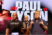 13 May 2024; Mike Tyson, left, and Jake Paul with Most Valuable Promotions co-founder Nakisa Bidarian, centre, during a pre-fight press conference held at the Apollo Theatre in New York, USA, in advance of Jake Paul and Mike Tyson's heavyweight bout and the rematch between Katie Taylor and Amanda Serrano for the undisputed super lightweight championship titles on July 20 at AT&T Stadium in Arlington, Texas. Photo by Ed Mulholland / Sportsfile