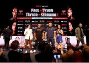 13 May 2024; Boxers, from left, Katie Taylor, Mike Tyson, Logan Paul and Amanda Serrano during a pre-fight press conference held at the Apollo Theatre in New York, USA, in advance of Jake Paul and Mike Tyson's heavyweight bout and the rematch between Katie Taylor and Amanda Serrano for the undisputed super lightweight championship titles on July 20 at AT&T Stadium in Arlington, Texas. Photo by Ed Mulholland / Sportsfile