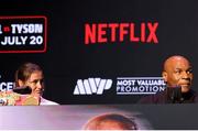 13 May 2024; Mike Tyson and Katie Taylor, left, during a pre-fight press conference held at the Apollo Theatre in New York, USA, in advance of Jake Paul and Mike Tyson's heavyweight bout and the rematch between Katie Taylor and Amanda Serrano for the undisputed super lightweight championship titles on July 20 at AT&T Stadium in Arlington, Texas. Photo by Ed Mulholland / Sportsfile