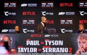 13 May 2024; Host Ariel Helwani with Jake Paul, right, and Mike Tyson during a pre-fight press conference held at the Apollo Theatre in New York, USA, in advance of Jake Paul and Mike Tyson's heavyweight bout and the rematch between Katie Taylor and Amanda Serrano for the undisputed super lightweight championship titles on July 20 at AT&T Stadium in Arlington, Texas. Photo by Ed Mulholland / Sportsfile