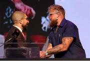 13 May 2024; Host Ariel Helwani with Jake Paul, right, during a pre-fight press conference held at the Apollo Theatre in New York, USA, in advance of Jake Paul and Mike Tyson's heavyweight bout and the rematch between Katie Taylor and Amanda Serrano for the undisputed super lightweight championship titles on July 20 at AT&T Stadium in Arlington, Texas. Photo by Ed Mulholland / Sportsfile