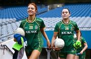 12 May 2024; Karla Kealy, left, and Seona Lynch of Meath before the Leinster LGFA Senior Football Championship final match between Dublin and Meath at Croke Park in Dublin. Photo by Ben McShane/Sportsfile