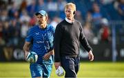 11 May 2024; Leinster head coach Leo Cullen, right, and Leinster backs coach Andrew Goodman before the United Rugby Championship match between Leinster and Ospreys at the RDS Arena in Dublin. Photo by Ramsey Cardy/Sportsfile