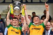 12 May 2024; Shane O'Donnell, left, and Niall O'Donnell of Donegal lifts the Anglo Celt Cup after the Ulster GAA Football Senior Championship final match between Armagh and Donegal at St Tiernach's Park in Clones, Monaghan. Photo by Ramsey Cardy/Sportsfile