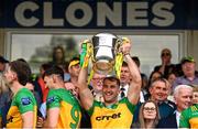 12 May 2024; Stephen McMenamin of Donegal lifts the Anglo Celt Cup after the Ulster GAA Football Senior Championship final match between Armagh and Donegal at St Tiernach's Park in Clones, Monaghan. Photo by Ramsey Cardy/Sportsfile