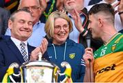 12 May 2024; Donegal GAA Chairperson Mary Coughlan, and captain Patrick McBrearty after the Ulster GAA Football Senior Championship final match between Armagh and Donegal at St Tiernach's Park in Clones, Monaghan. Photo by Ramsey Cardy/Sportsfile