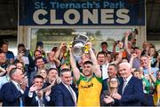 12 May 2024; Donegal captain Patrick McBrearty lifts the Anglo Celt Cup after the Ulster GAA Football Senior Championship final match between Armagh and Donegal at St Tiernach's Park in Clones, Monaghan. Photo by Ramsey Cardy/Sportsfile