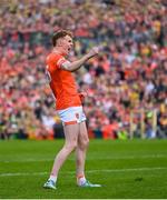 12 May 2024; Conor Turbitt of Armagh celebrates scoring in the penalty shoot-out of the Ulster GAA Football Senior Championship final match between Armagh and Donegal at St Tiernach's Park in Clones, Monaghan. Photo by Ramsey Cardy/Sportsfile