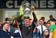 12 May 2024; Caolan Ward of Donegal lifts the Anglo Celt Cup after the Ulster GAA Football Senior Championship final match between Armagh and Donegal at St Tiernach's Park in Clones, Monaghan. Photo by Ramsey Cardy/Sportsfile