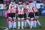 10 May 2024; The Derry City team huddle before the SSE Airtricity Men's Premier Division match between Derry City and Bohemians at The Ryan McBride Brandywell Stadium in Derry. Photo by Ramsey Cardy/Sportsfile