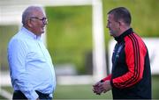 10 May 2024; Bohemians manager Alan Reynolds, right, in conversation with Derry City Chief Executive Officer Sean Barrett before the SSE Airtricity Men's Premier Division match between Derry City and Bohemians at The Ryan McBride Brandywell Stadium in Derry. Photo by Ramsey Cardy/Sportsfile