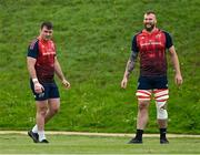 14 May 2024; Niall Scannell, left, and RG Snyman during Munster rugby squad training at University of Limerick in Limerick. Photo by Brendan Moran/Sportsfile