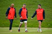 14 May 2024; Munster players, from left, Simon Zebo, Conor Murray and Shane Daly arrive for squad training at University of Limerick in Limerick. Photo by Brendan Moran/Sportsfile