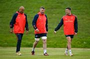 14 May 2024; Munster players, from left, Simon Zebo, Conor Murray and Shane Daly arrive for squad training at University of Limerick in Limerick. Photo by Brendan Moran/Sportsfile
