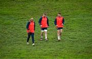 14 May 2024; Munster players, from left, Simon Zebo, Conor Murray and Shane Daly arrive for squad training at University of Limerick in Limerick. Photo by Brendan Moran/Sportsfile