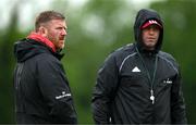 14 May 2024; Forwards coach Andi Kyriacou, left, and defence coach Denis Leamy during Munster rugby squad training at University of Limerick in Limerick. Photo by Brendan Moran/Sportsfile