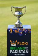 14 May 2024; A general view of the trophy before match three of the Floki Men's T20 International Series between Ireland and Pakistan at Castle Avenue Cricket Ground in Dublin. Photo by Sam Barnes/Sportsfile
