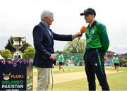 14 May 2024; Ireland captain Lorcan Tucker is interviewed by HBV Studios presenter Alan Wilkins before match three of the Floki Men's T20 International Series between Ireland and Pakistan at Castle Avenue Cricket Ground in Dublin. Photo by Sam Barnes/Sportsfile