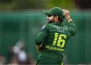 14 May 2024; Mohammad Rizwan of Pakistan celebrates after catching out Andrew Balbirnie of Ireland during match three of the Floki Men's T20 International Series between Ireland and Pakistan at Castle Avenue Cricket Ground in Dublin. Photo by Sam Barnes/Sportsfile