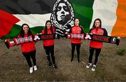 14 May 2024; Players, from left, Bisan Abuaita and Mira Natour of Palestine and Abbie O'Hara and Robyn Baird of Bohemians during a photocall ahead of the International Solidarity Match between Bohemians women's team and Palestine women's team to be played on Wednesday, May 15, at Dalymount Park in Dublin. Photo by Stephen McCarthy/Sportsfile